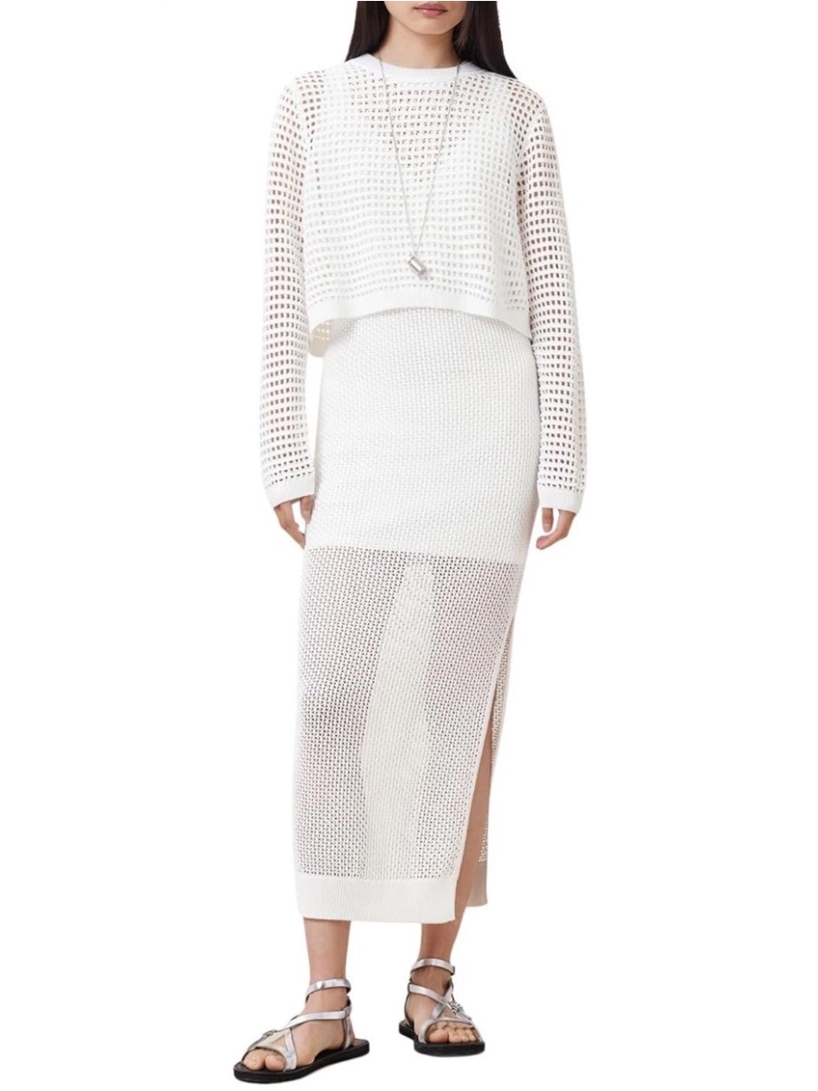 $399 Allsaints Miro Dress White 3-Piece Open Mesh Knit Sweater Slip Midi Maxi S